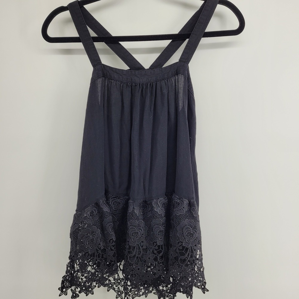 Entro Black Rayon Cami Tank Top Floral Crochet Lace Hem Tie Back Boho Small